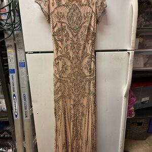 Pisarro Nights Beaded Maxi Dress in Tan and Gold